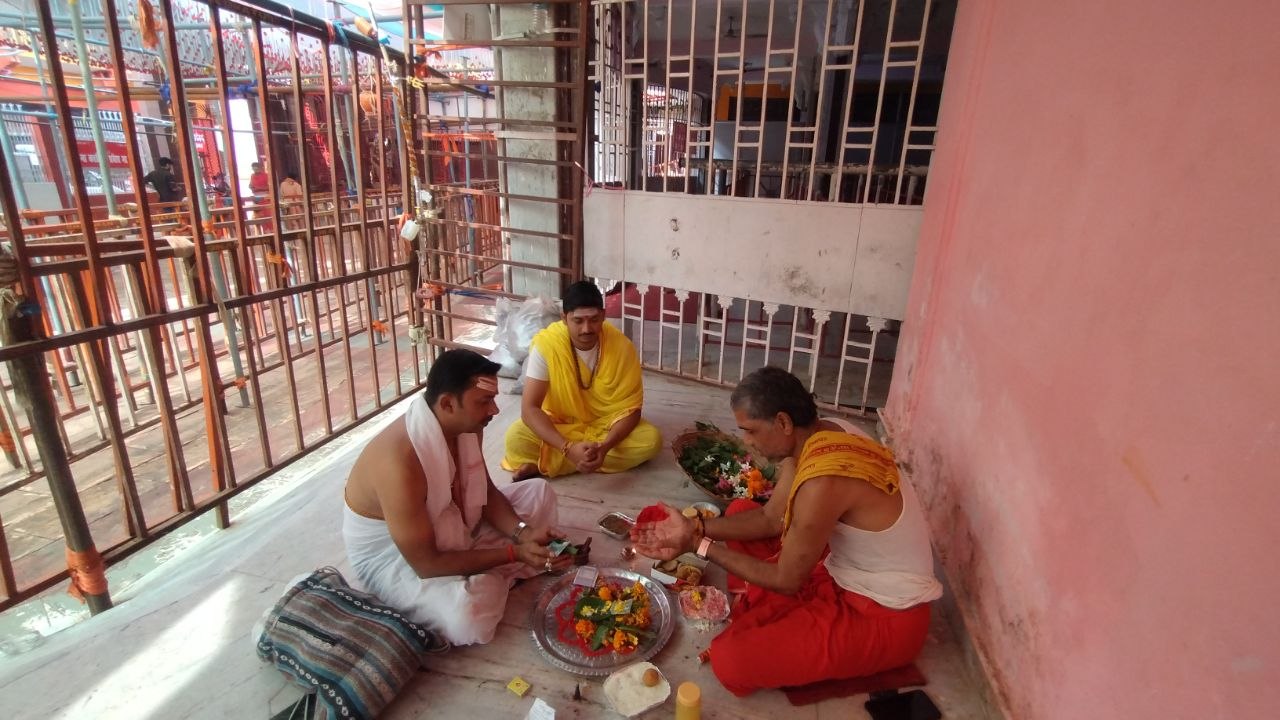 Pujari performing abhishek during Kaal Sarp Dosh Puja at Baidyanathdham
